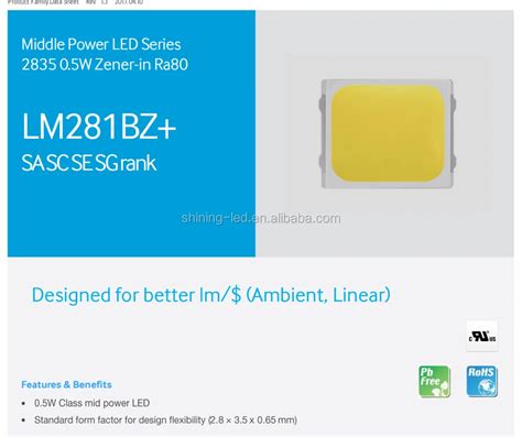 Samsung Middle Power LED Series LM281BZ Plus 0.5W 2835 Zener-in Ra80 ...