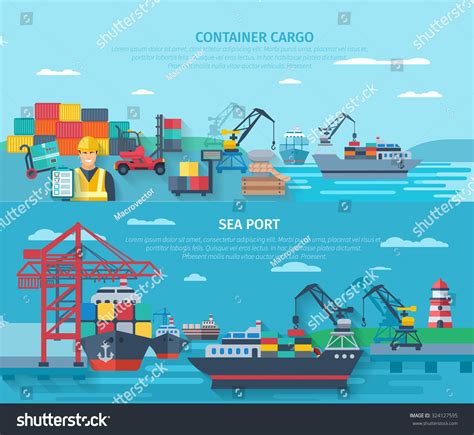 Sea Port Horizontal Banner Set Container Vector De Stock Libre De