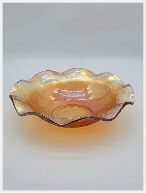 Jeannette Floragold Marigold Carnival Glass Bowl With Ruffled Edges Ruby Lane