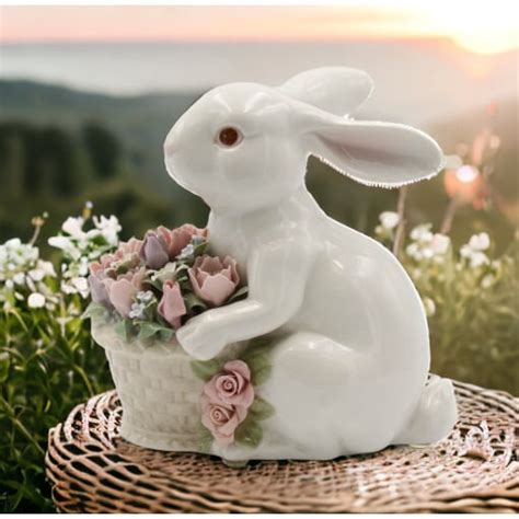 Kevinsgiftshoppe Ceramic Bunny Rabbit With Flower Basket Figurine Home