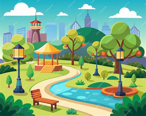 Premium Vector A Cartoon Illustration Of A Park With A Park And Park