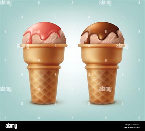 Vector Set Of Ice Creams In Waffle Cones Sprinkled With Syrup Isolated