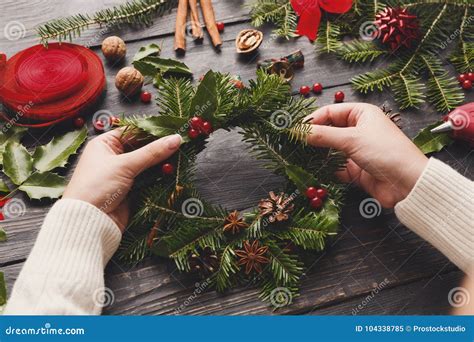 Prepare for Xmas, Creative Craft Wreath. Making Christmas Wreath Symbols Stock Image - Image of ...