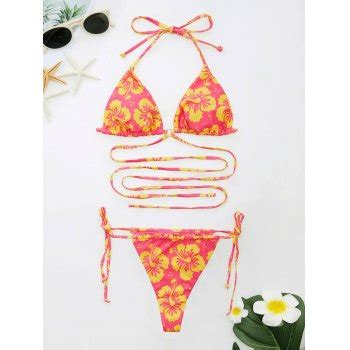 Emmiol Free Shipping Lace Up Halter Floral Bikini Set Beetroot Purple L In Bikini Sets