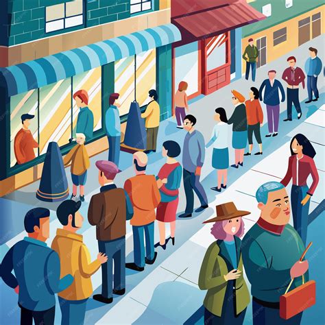 A diverse group of people wait in line outside of a store on a city