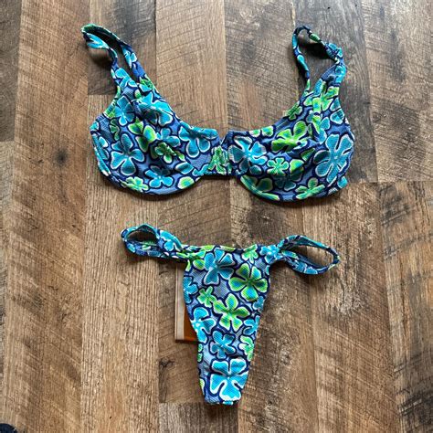 Blue Floral Bikini Set Vintage S Thong High Cut Depop