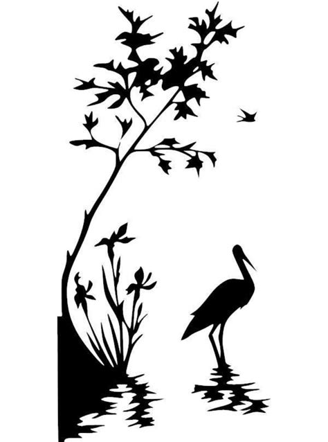 A Black And White Silhouette Of A Bird Standing In The Water Next To A Tree