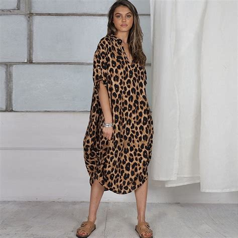 Loose Kaftan Leopard Bikini Cover Ups Casual V Neck Maxi Dress Women Beach Wear Swim Suit Cover