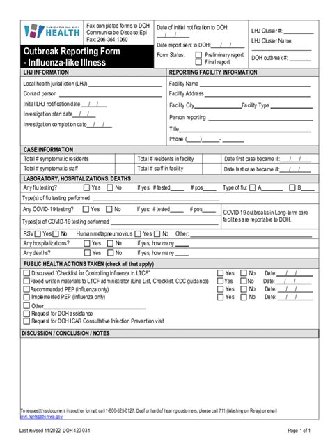 Fillable Online Doh Wa Outbreak Reporting Form Influenza Like Illness