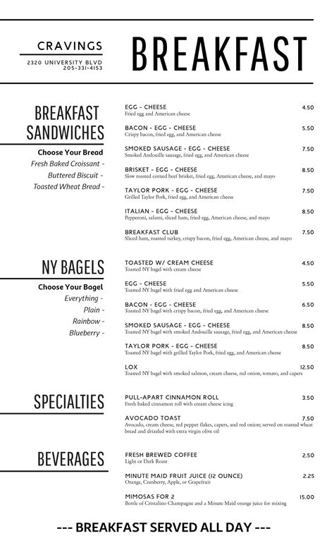 Cravings Bakery Menu