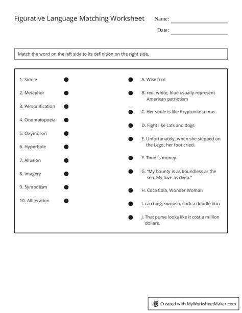 Figurative Language Matching Worksheet My Worksheet Maker Create