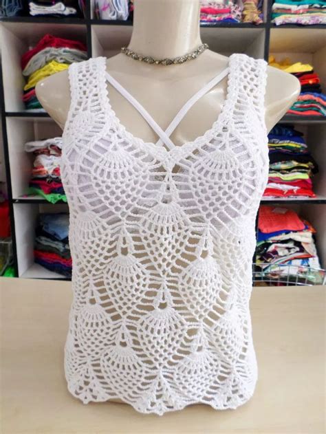 Blusa Regata Patice Croch Ponto Abacaxi Branca Crochet top Crochê