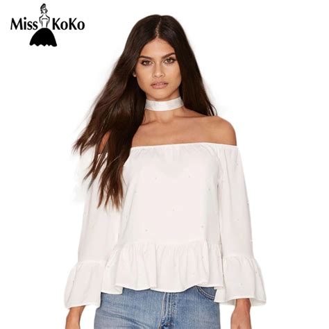 Misskoko Summer Tops Women Clothing Bateau Off Shoulder Ruffles Blouse