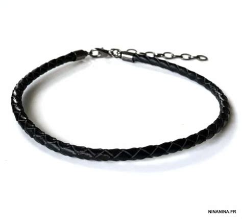 Bracelet cheville tressé en cuir noir pour homme Ninanina