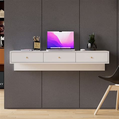 Modern White Floating Desk with Drawers Wall Mounted Desk in Pine Wood – Furnifure.com