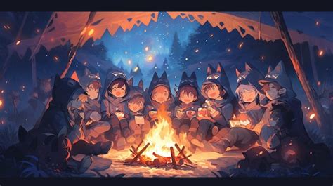 Premium AI Image | anime characters sitting around a campfire in a ...