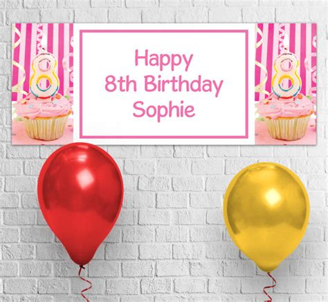 8th Birthday Pink Cupcake Party Banner Personalise Online Plus Free