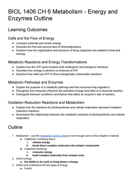 BIOL 1406 CH 6 Metabolism Energy And Enzymes Outline BIOL 1406 CH 6