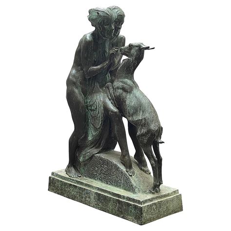 Art Deco Bronze Statue Of A Nymph And Nude Girl Feeding A Doe Signed