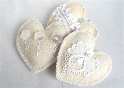 Heart Ornament Felt Set Of 3 Button Flowers Lace White Etsy