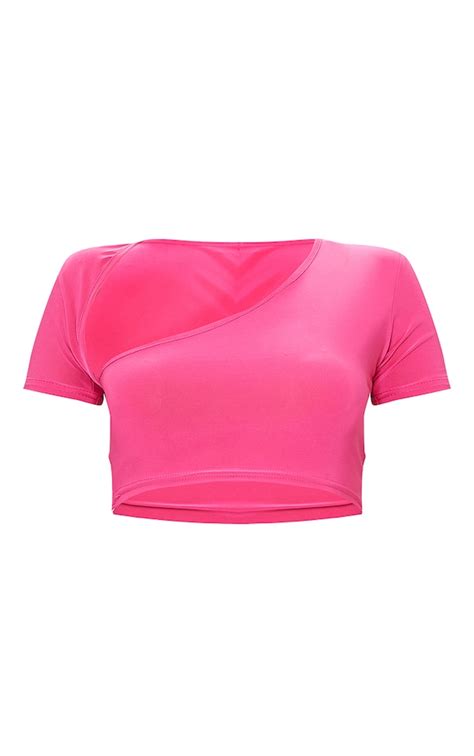 Hot Pink Slinky Asymmetric Short Sleeve Crop Top Prettylittlething Ire