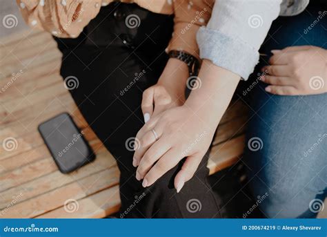 Two Young Adult Lesbian Women Holding Hands Women`s Hands Close Up