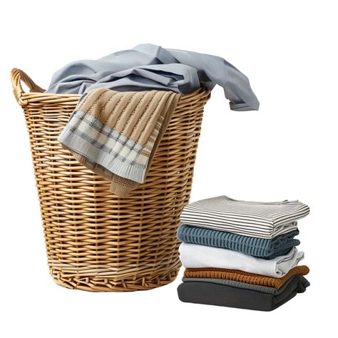 A Wicker Laundry Basket Overflowing With Clean Clothes Next To A Stack