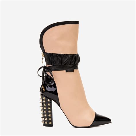 The Lucca Nude & Black Leather Mid Calf High Heel Women Boot Limited E