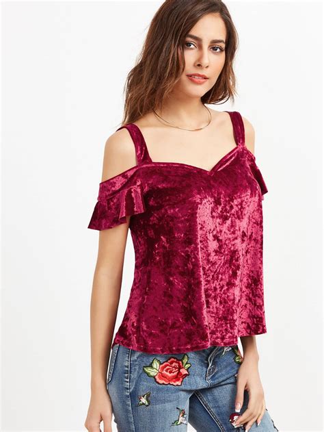 Burgundy Cold Shoulder Ruffle Sleeve Velvet Top Shein Sheinside