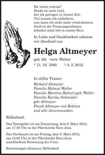 Traueranzeigen Von Helga Altmeyer Saarbruecker Zeitung Trauer De