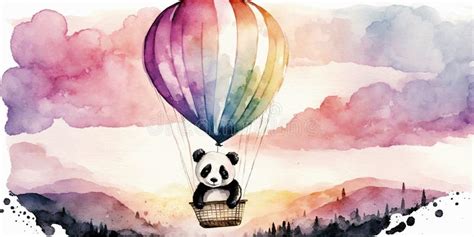 Beautiful Bright Color Watercolor Illustration Of A Lion In A Hot Air Balloon Stock Illustration