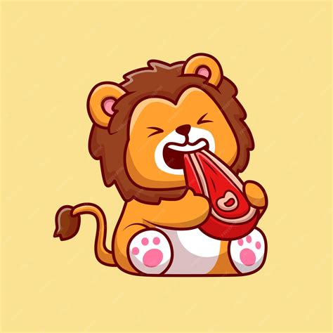Cute lion eating steak beef cartoon vector icon illustration. animal