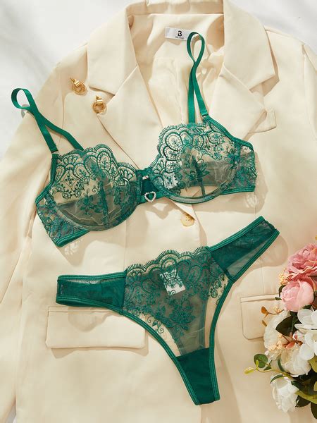 Green Embroidery Lingerie Set Women Sheer Bra Brief Underwear Set Strappy Intimates Underwear