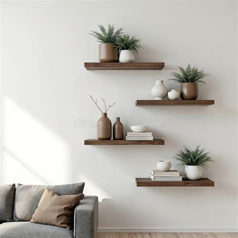modern living room  floating shelves holding decor  plants