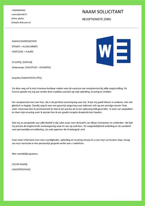 Voorbeeld Motivatiebrief Receptioniste Perfecte Gratis Brieven