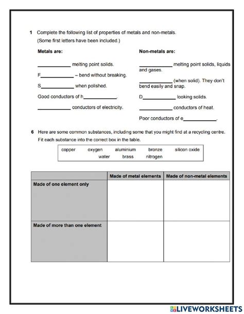 Metals And Non Metals Interactive Worksheet States Of Matter