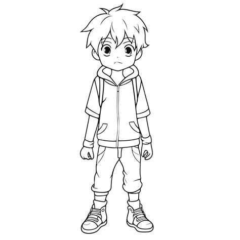 Anak Laki Laki Bertudung Mengenakan Gambar Sketsa Garis Luar Sepatu