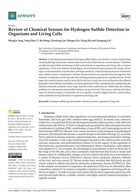 Pdf Review Of Chemical Sensors For Hydrogen Sulfide Detection In Organisms And Living Cells