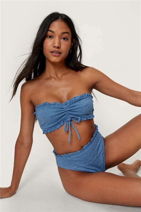 Broderie Ruched Bandeau Bikini Set Nasty Gal