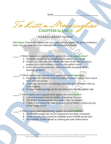 To Kill a Mockingbird Chapters 14 & 15 Vocabulary Worksheet, Crossword