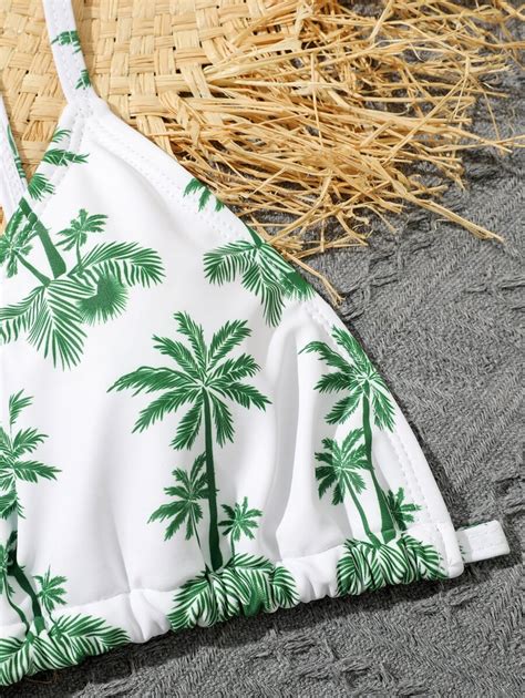 SHEIN Conjunto de Maiô Bikini Estampa de Palmeira e Saia de Praia para Meninas Adolescentes