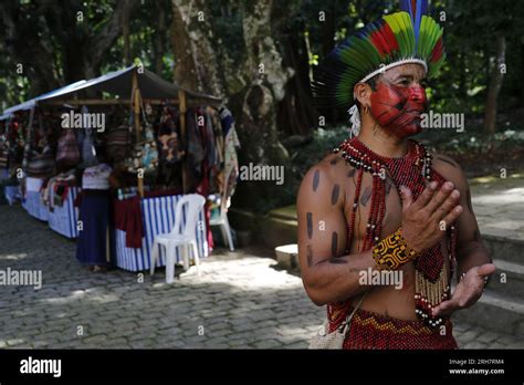 Brazilian Indigenous Man Of Pataxó Ethnic Group Portrait Celebrating