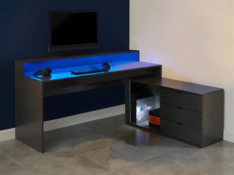 Scrivania Angolare Gaming Con Led 3 Cassetti E 2 Nicchie In Mdf Grigio Neha