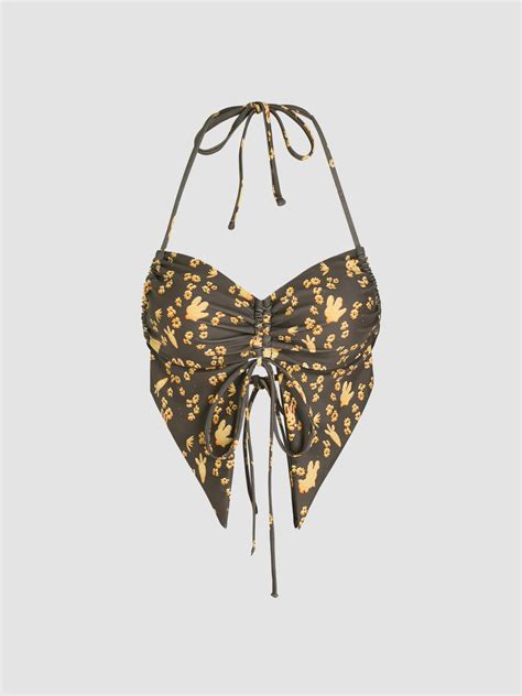 Knit Fabric Floral Halter Drawstring Bikini Top For Vacation Swimming Pool Beach