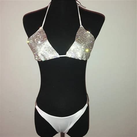 Shb6137 Shiny Rhinestones Bikini Set Halter Diamante Bra Sexy Thong Panty Bathing Suits Summer