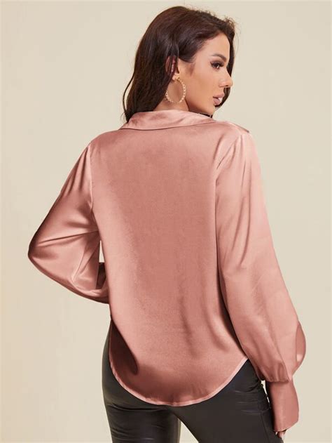 Shein Bae Cowl Neck Lantern Sleeve Satin Top Shein Usa