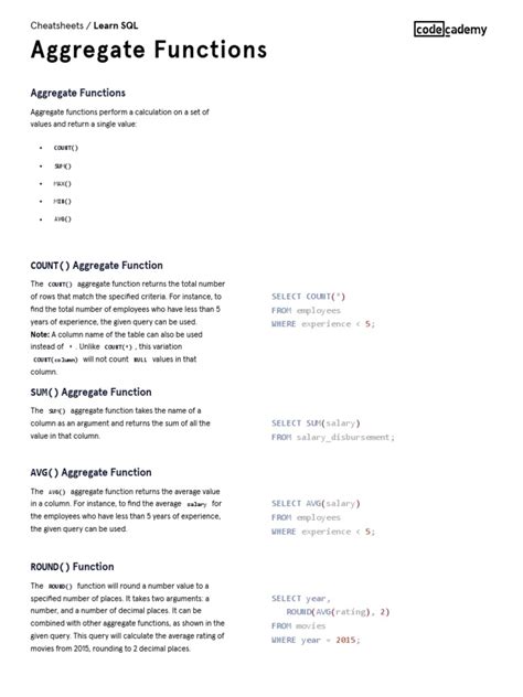 Learn Sql Aggregate Functions Cheatsheet Codecademy Pdf