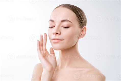 Close Up Beauty Portrait Of Smiling Beautiful Half Naked Woman Applying Face Stock