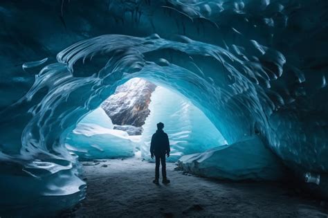 Premium AI Image | Man exploring an amazing glacial cave in Iceland