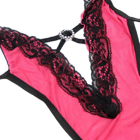 Sexy Rose Red Halter Plunging V Backless Bodysuit One Piece Lingerie